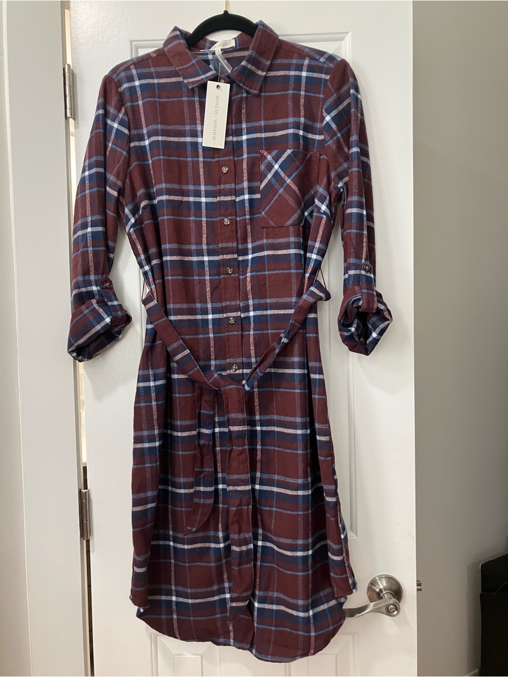Plaid Button-Front Shirt Dress with Tie Belt - Burgundy